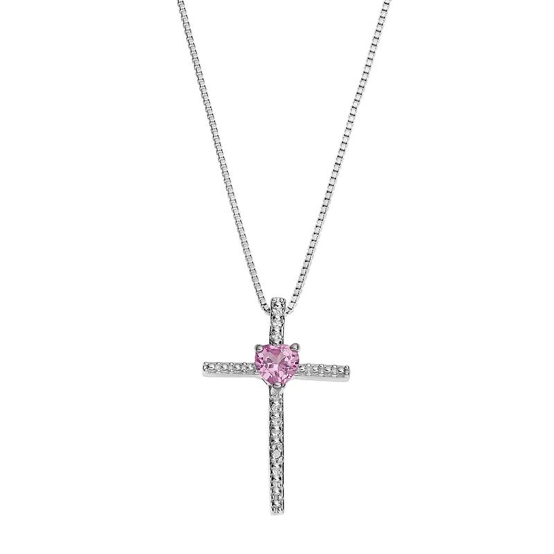 Gemminded Sterling Silver Lab-Created Pink Sapphire Cross Pendant Necklace, Women's,  Product Image