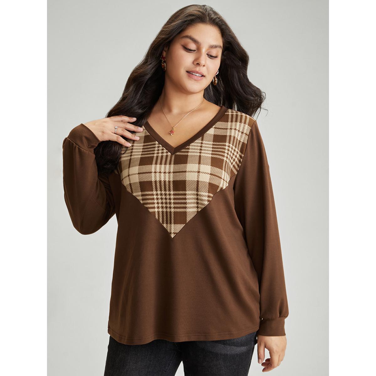 Plus Size Plaid V Neck Patchwork Elastic Cuffs Sweatshirt Women DarkBrown Casual Contrast V-neck Festival-Christmas Sweatshirts BloomChic 18-20/2X Product Image