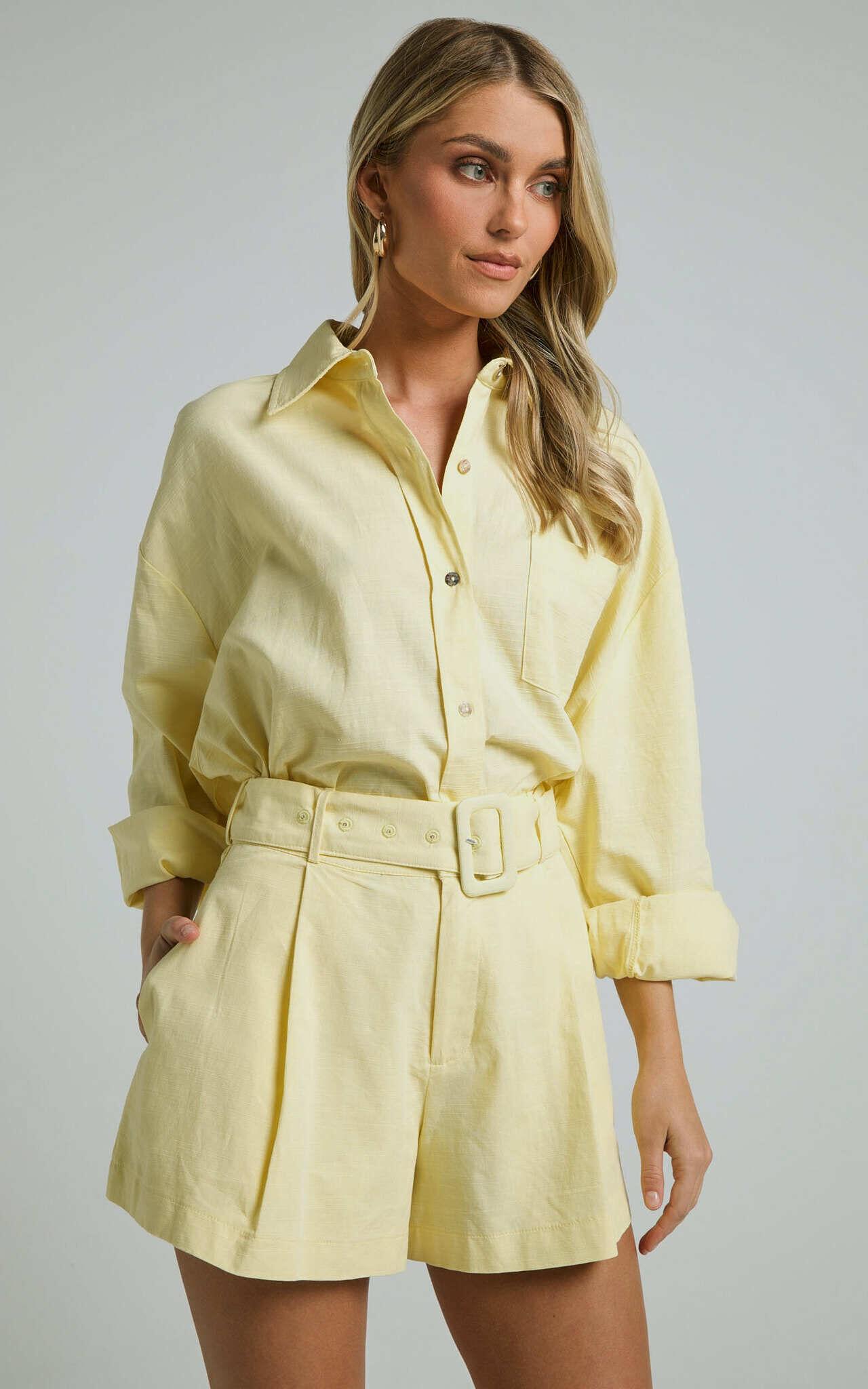 Seraphine Shorts - Linen High Waisted Belted Shorts in Lemon Product Image