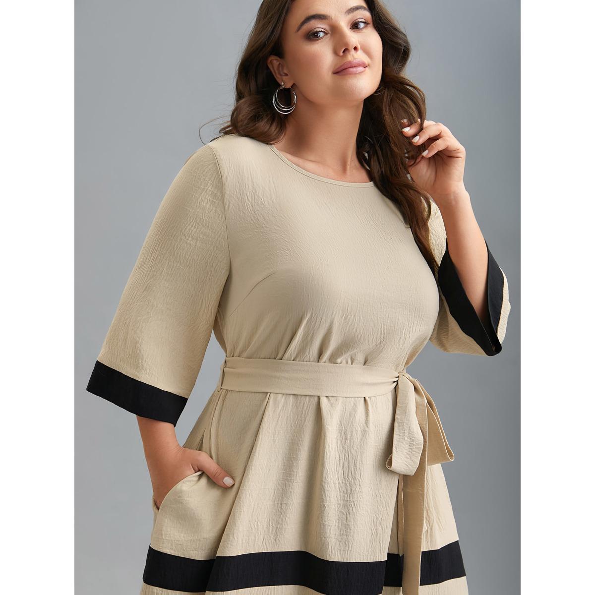 Plus Size Color-Block Belted Pockets Midi Dress Apricot Women Casual Texture Round Neck Elbow-length sleeve Curvy BloomChic 12/L Product Image