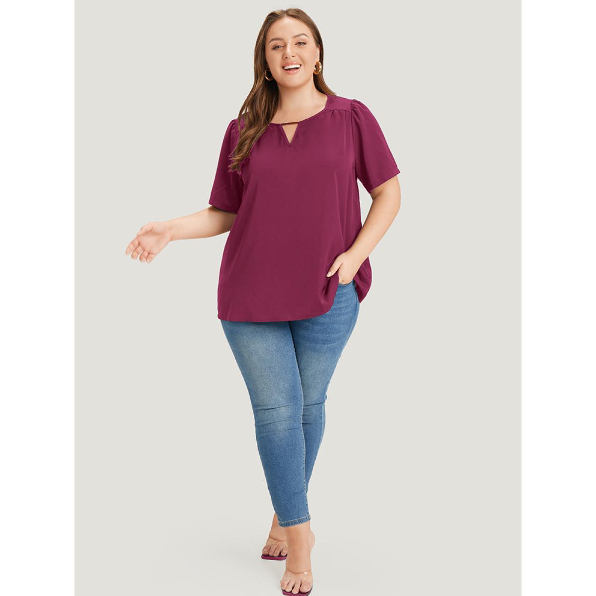 Plus Size Burgundy Anti-Wrinkle Plain Metal Detail Keyhole Neck Blouse Women Office Short sleeve V-neck Work Blouses BloomChic 12/L Product Image