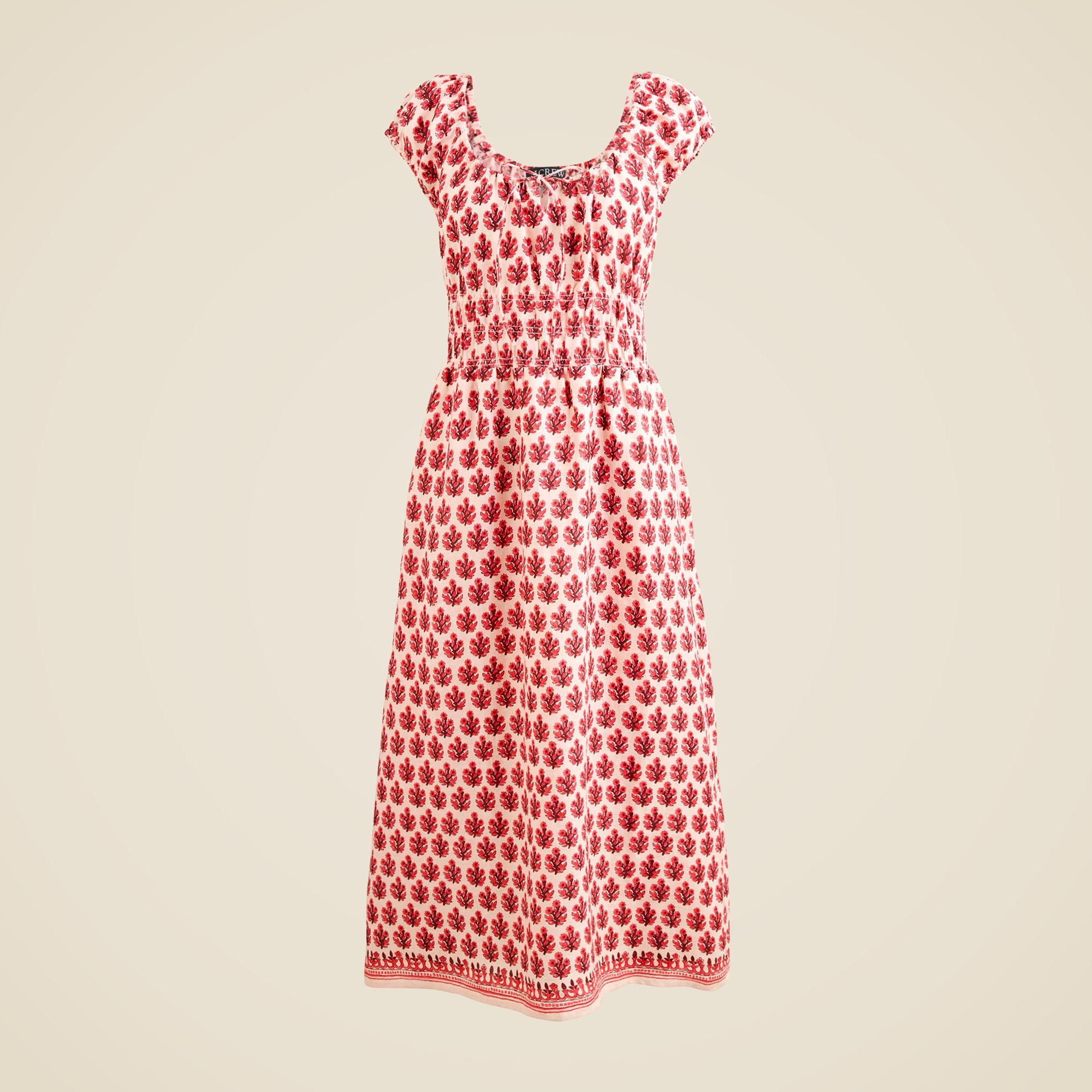 Cap-sleeve midi dress in block print linen Product Image