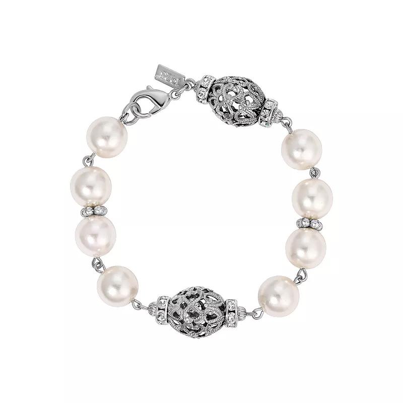1928 Silver Tone Filigree Faux Pearl Bracelet, Women's, Pink Product Image