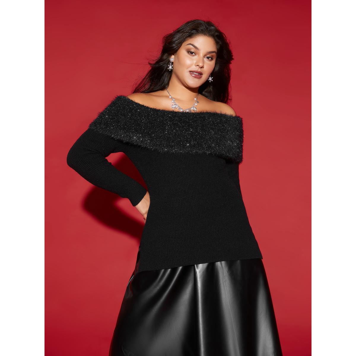 Plus Size Off-Shoulder Silver Threads Detailing Pullover Black Women Cocktail Loose Long Sleeve One-shoulder neck Party Pullovers BloomChic 14-16/1X Product Image