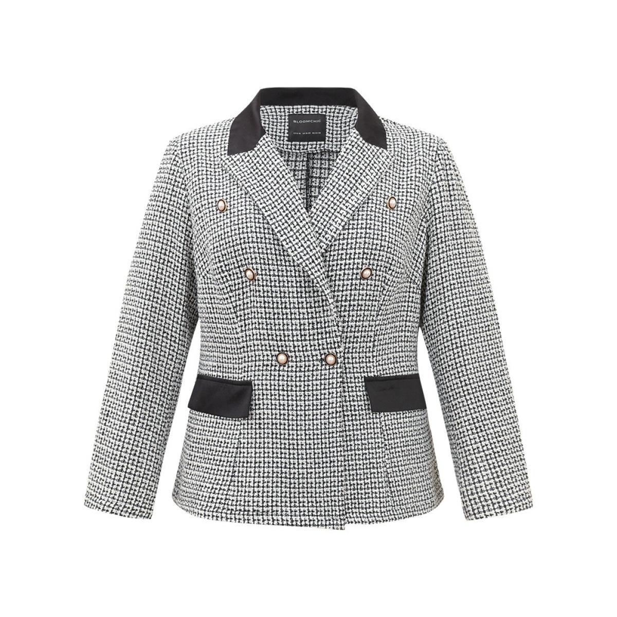 Plus Size Houndstooth Lapel Collar Button Detail Blazer Black Women Work Houndstooth Contrast Sleeve Long Sleeve Lapel Collar 18-20/2X At the Office Blazers BloomChic Product Image
