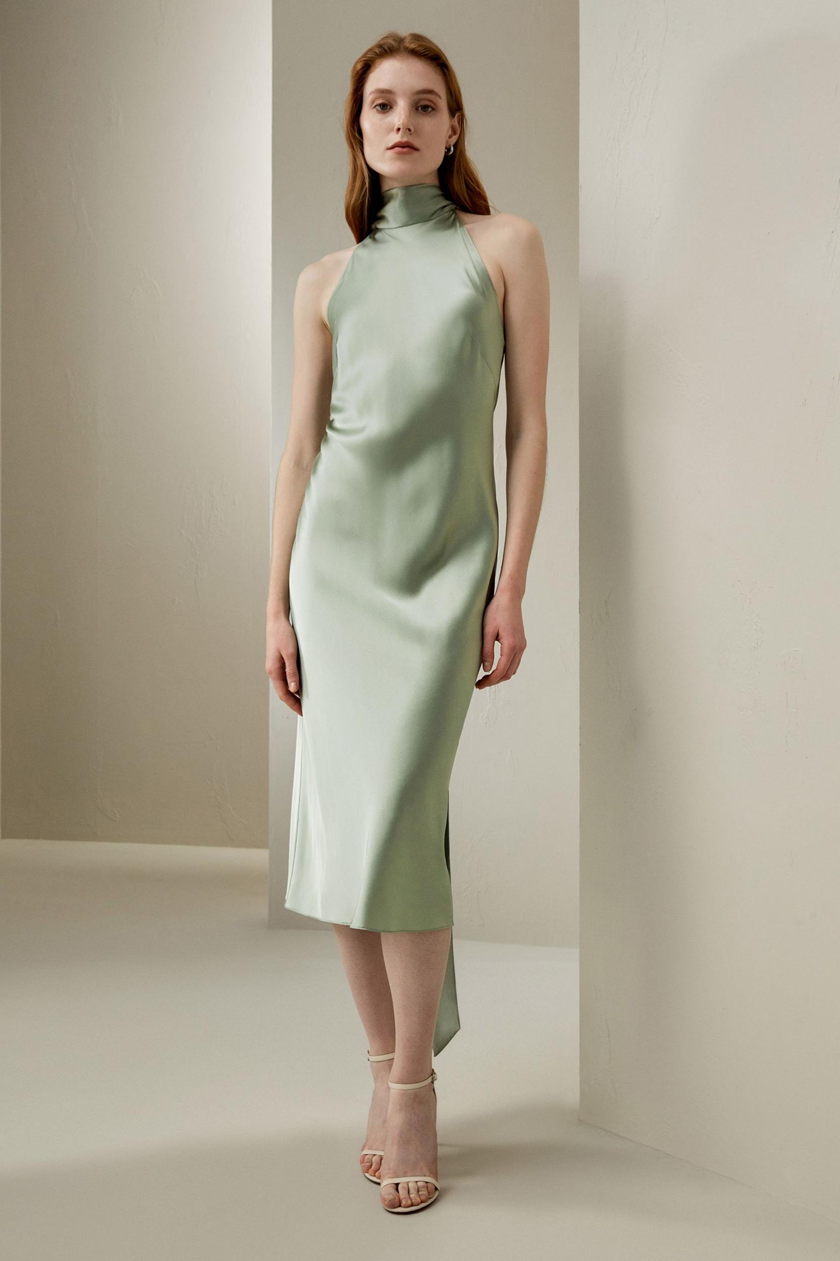 LILYSILK Women's Silk Charmeuse Elegant Halter Neck Open Back Dress Aqua Green 0 Product Image