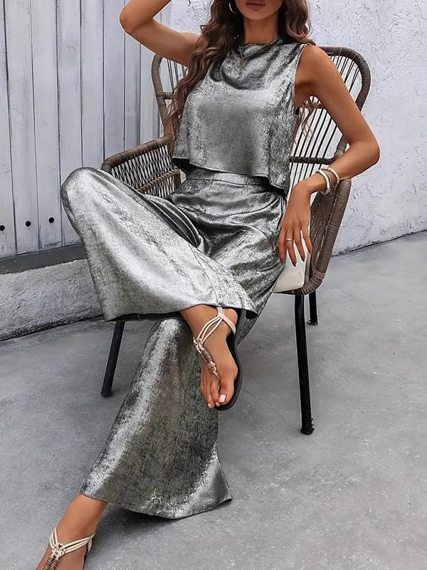 Loose Sleeveless Hollow Shiny Split-Joint Round-Neck Vest Top + Pants Bottom Two Pieces Set Product Image
