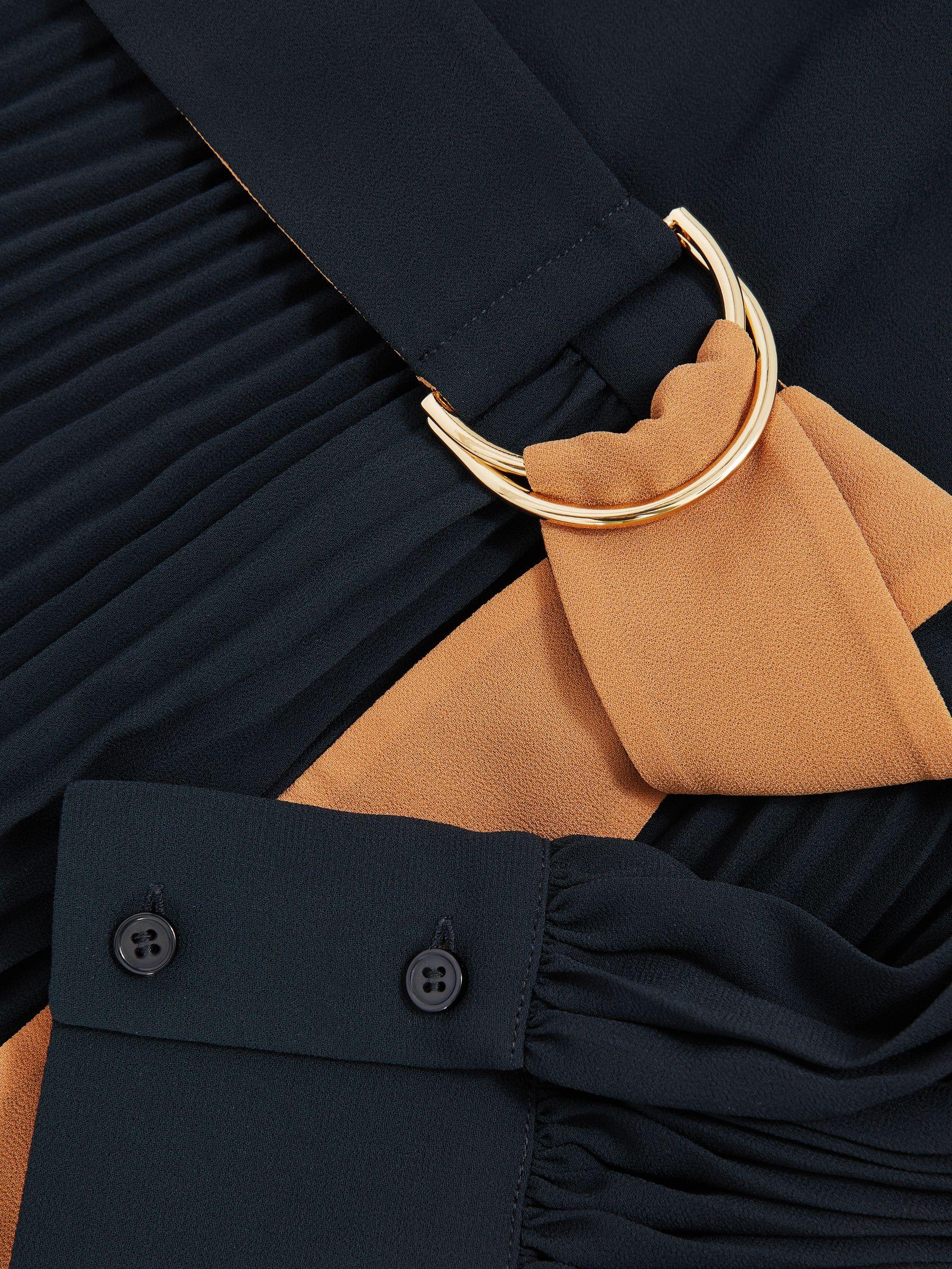 Colour-Block Pleated Midi Dress in Navy/Camel Product Image