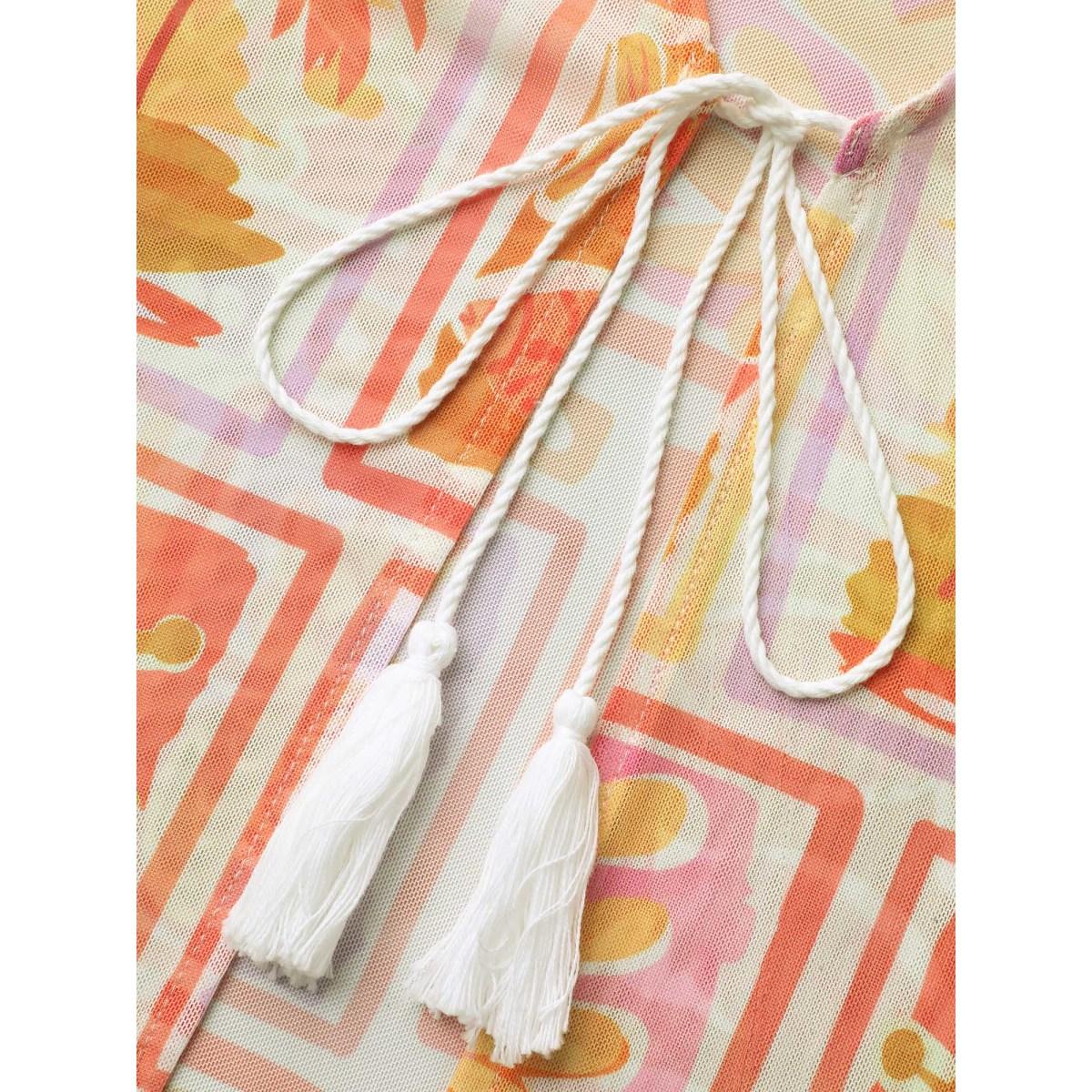 Plus Size Island Ready Print Mesh Tassels Kimono Women Multicolor Tie knot Vacation Kimonos BloomChic 28/5X Product Image