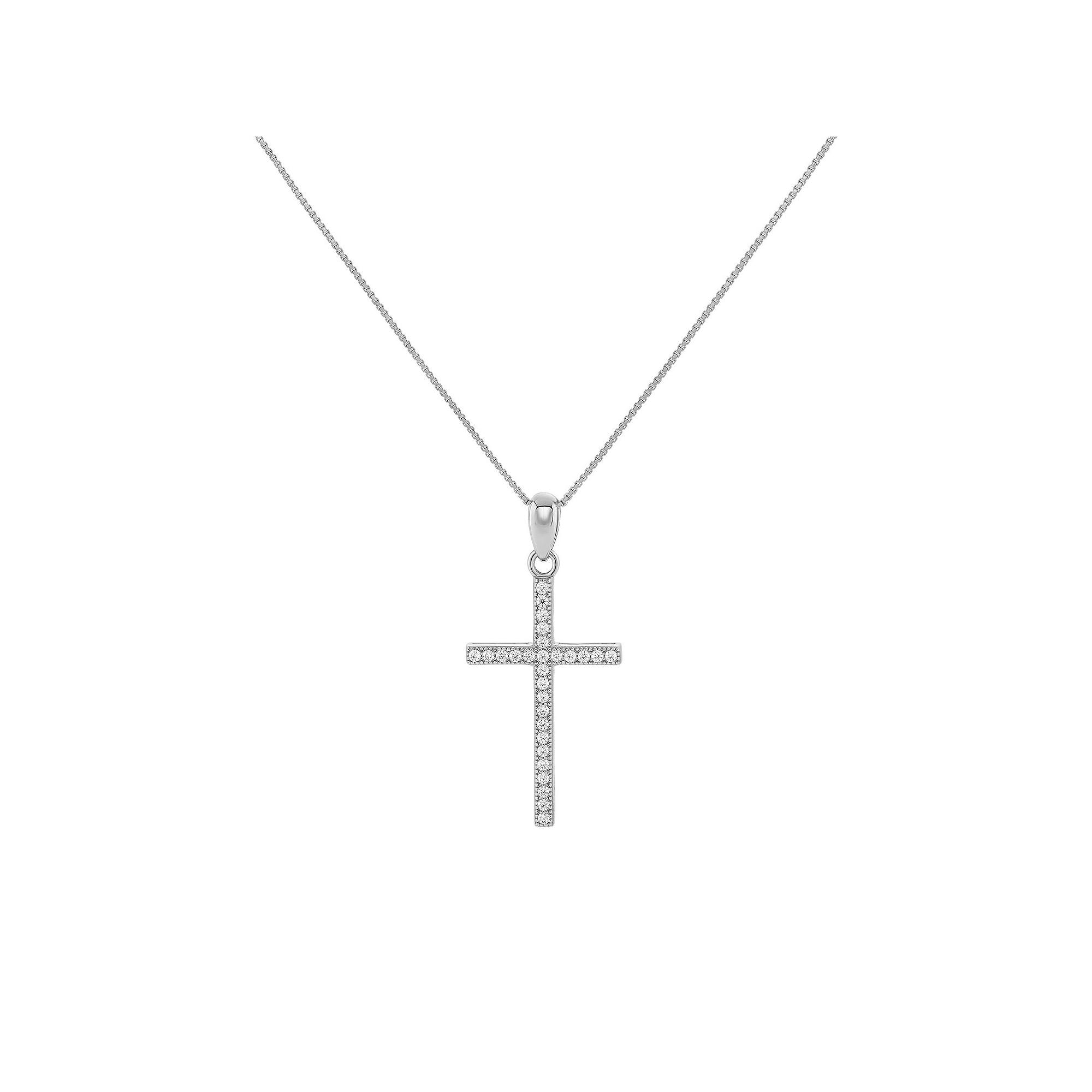 PRIMROSE Sterling Silver Pave Cubic Zirconia Cross Box Chain Pendant Necklace, Women's, Size: 18" Product Image