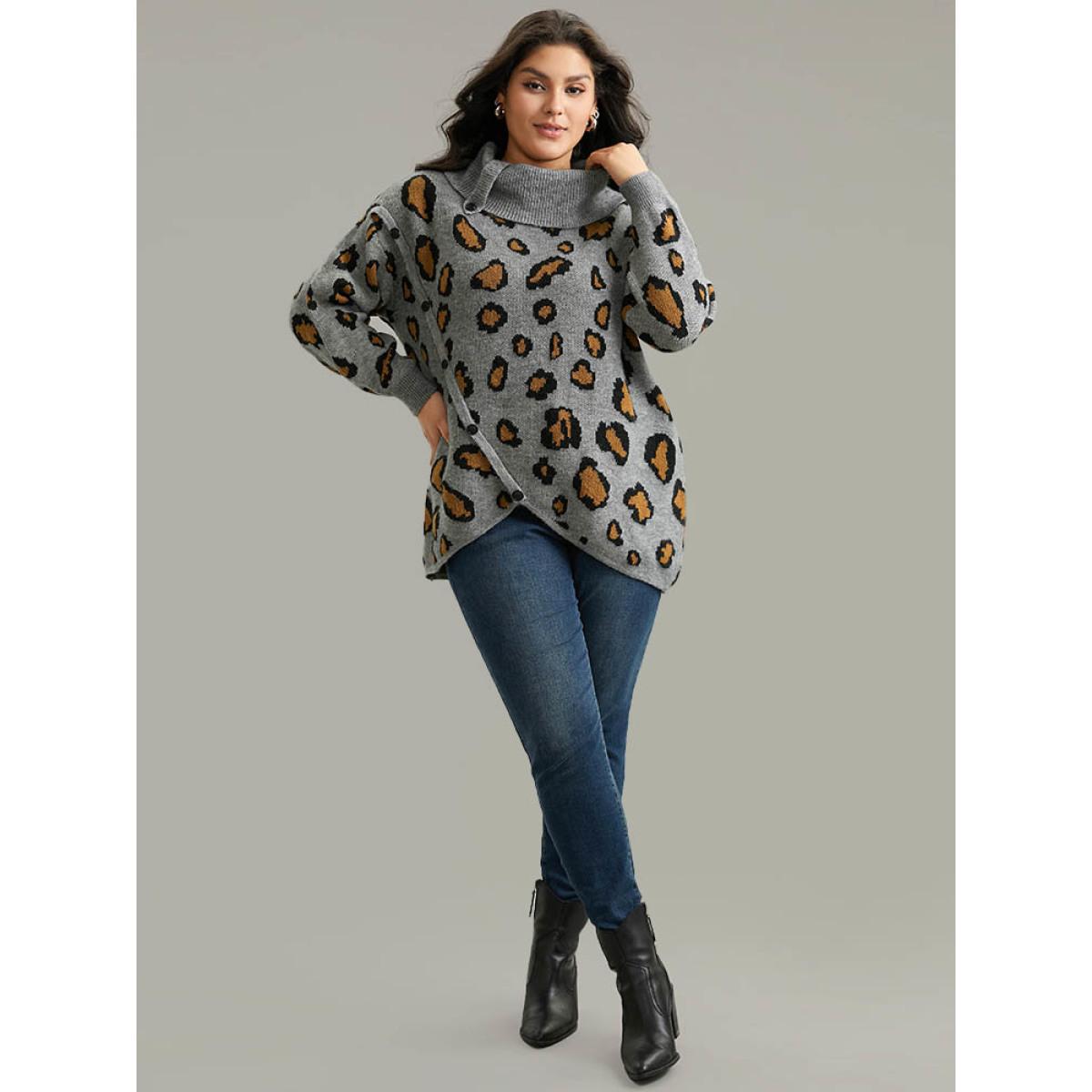 Plus Size Anti-Pilling Leopard PrintLapel Collar Button Detail Pullover Gray Women Casual Loose Long Sleeve Lapel Collar Dailywear Pullovers BloomChic 14-16/1X Product Image