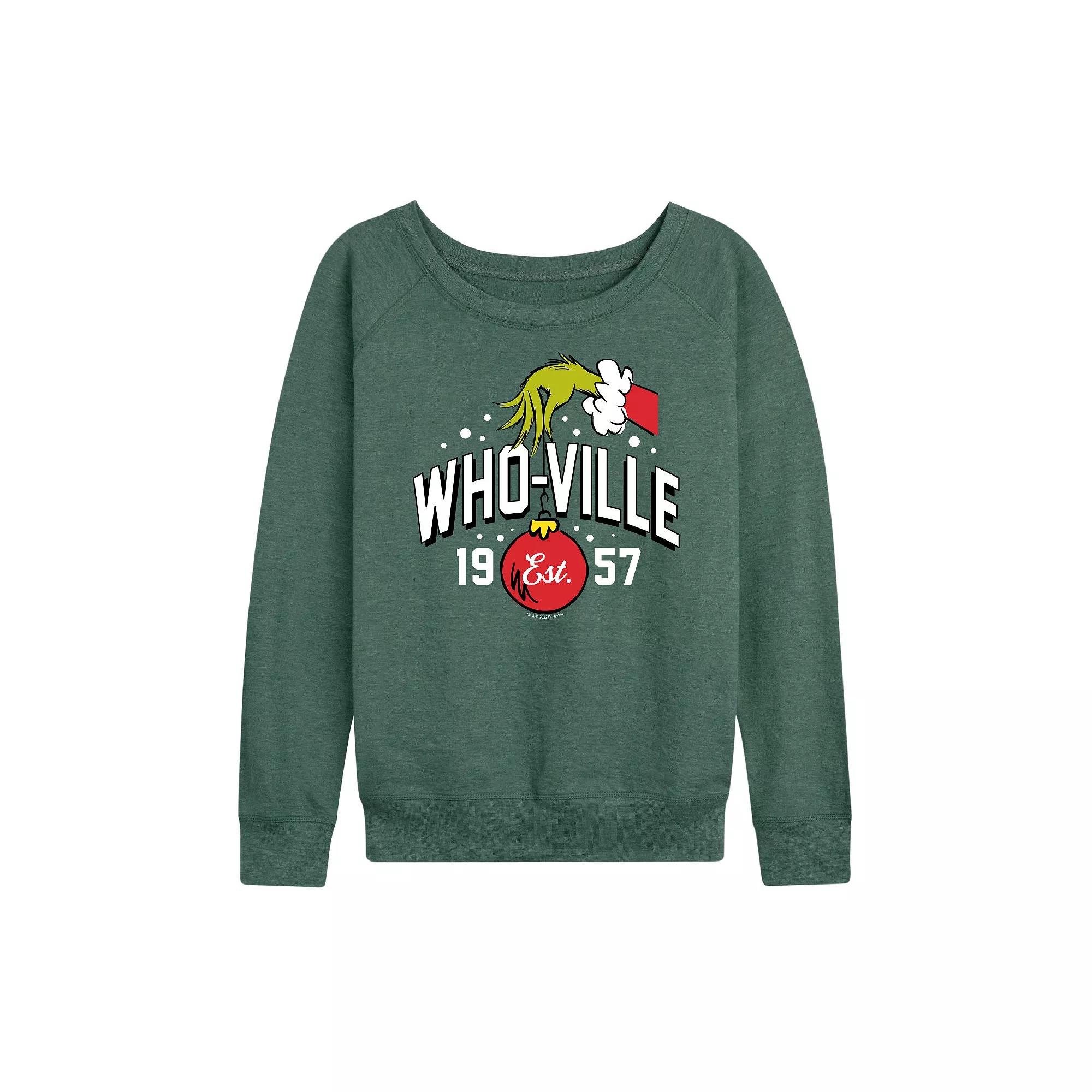 Women's Dr. Seuss The Grinch Whoville Grinch Hand French Terry Long Sleeve Tee, Girl's,  Product Image