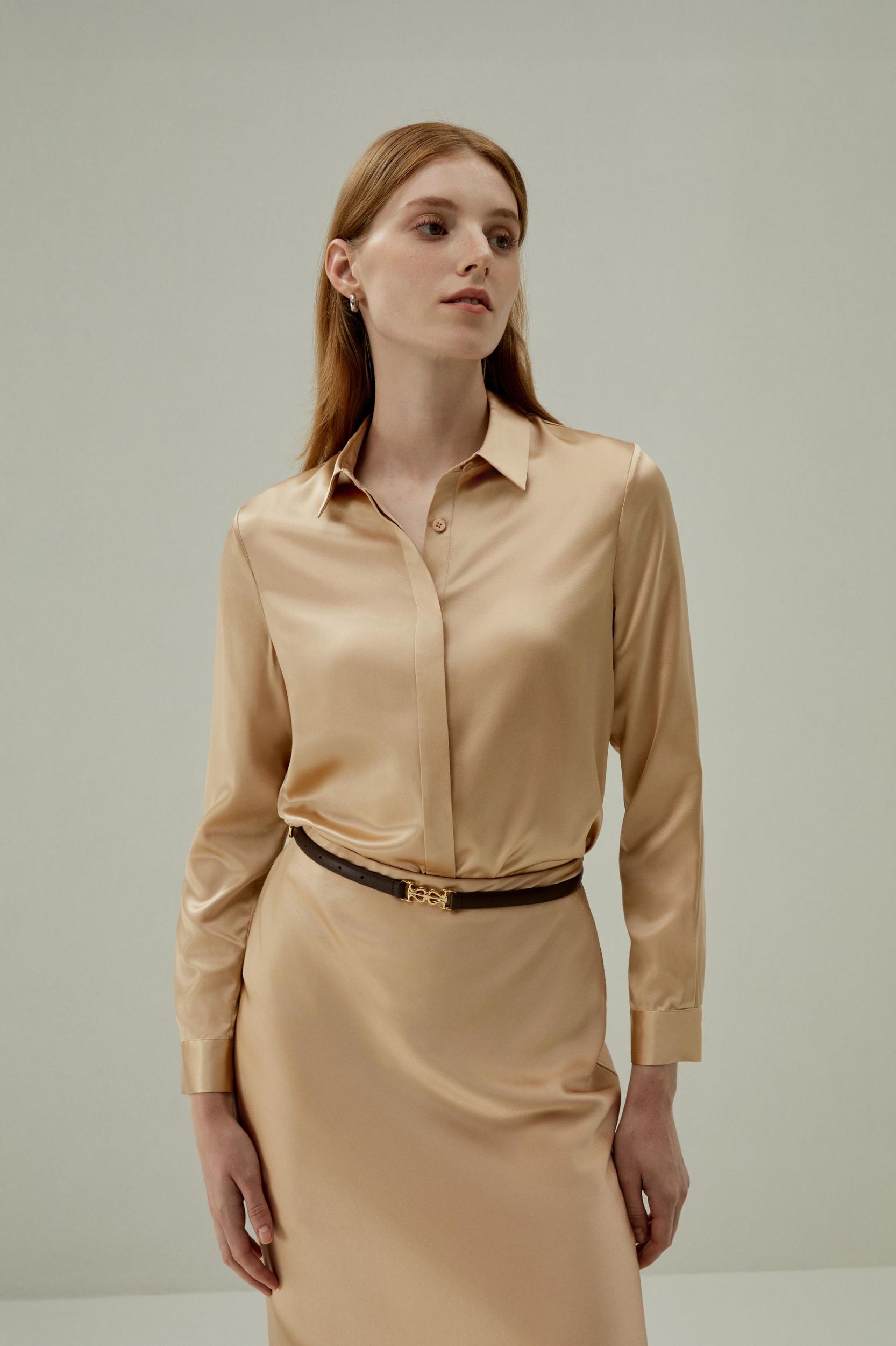 LILYSILK Silk Shirt Women - Dark Gray Mulberry Silk - Non-Toxic Dyes Concealed Mother-Of-Pearl Buttons Blouse Petite M Product Image