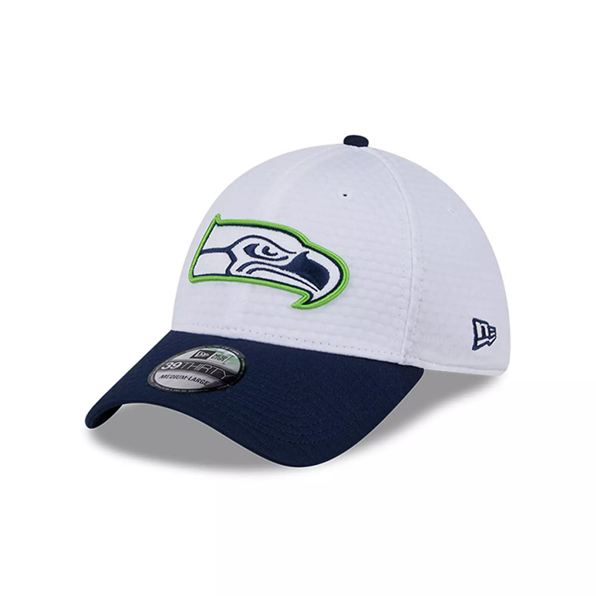 Men's New Era White/College Navy Seattle Seahawks 2024 NFL Training Camp 39THIRTY Flex Hat, Size: Medium/Large Product Image