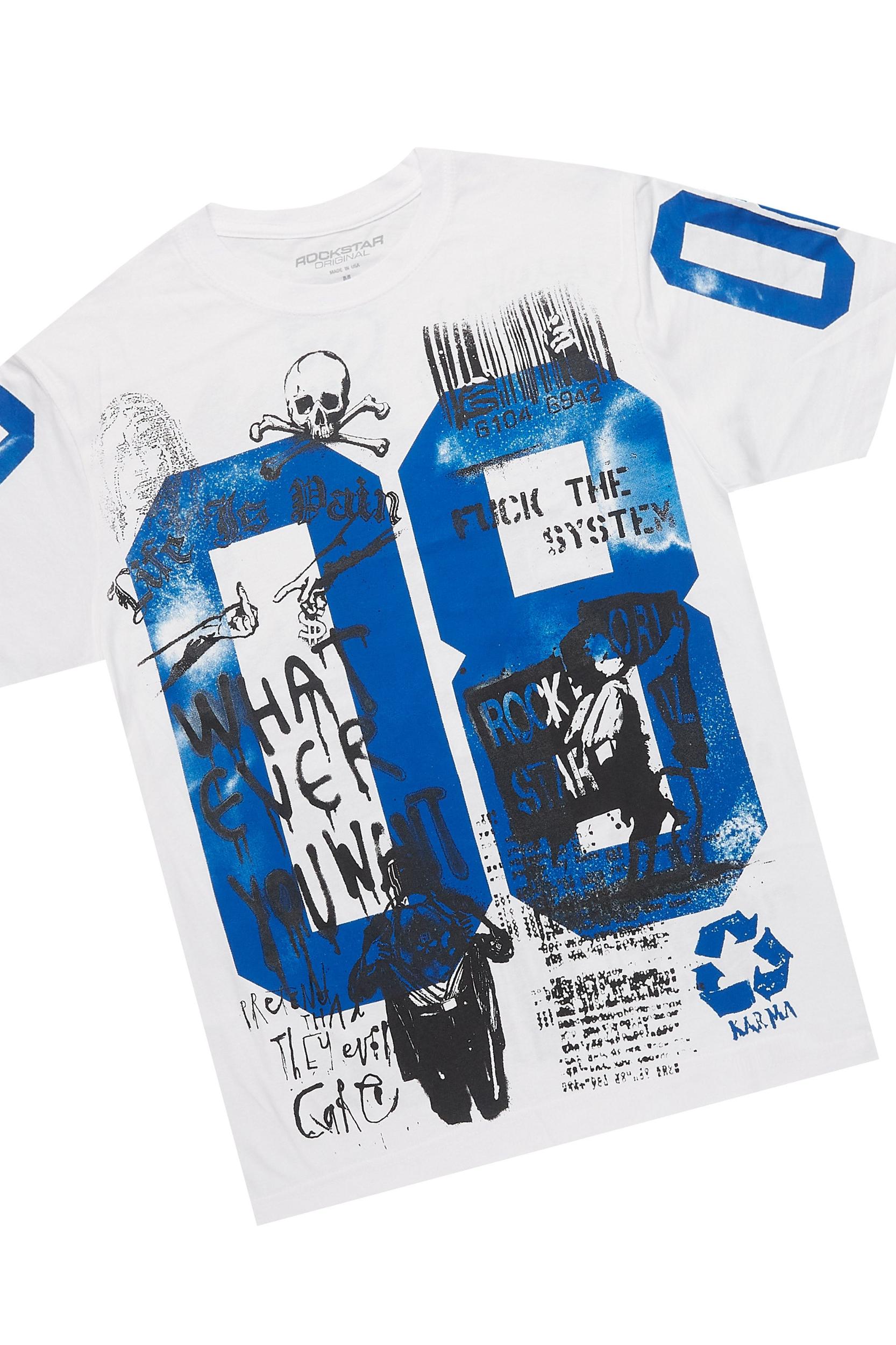Grill White/Blue Oversized Graphic T-Shirt/Dag Stacked Flare Jean Set Male Product Image