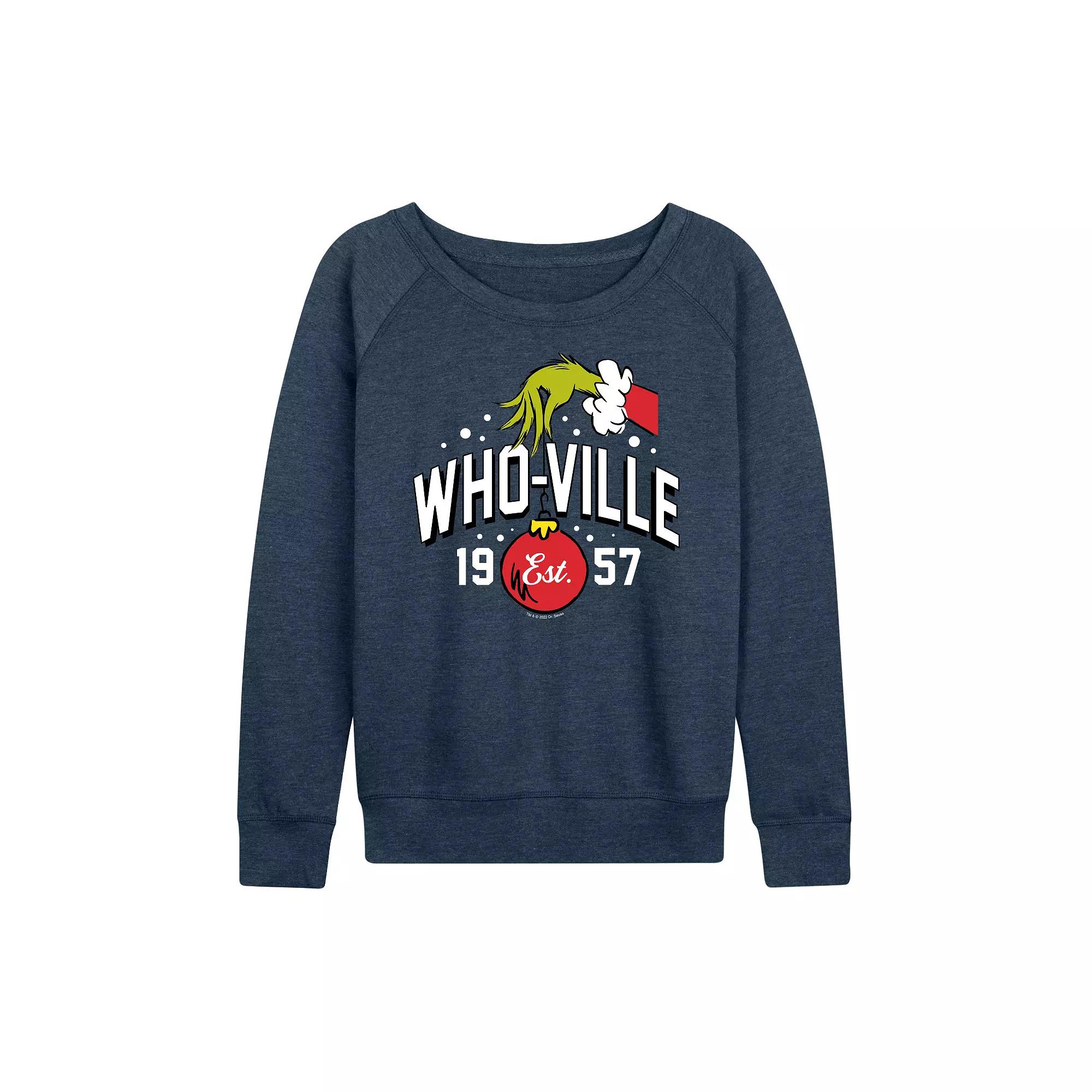 Women's Dr. Seuss The Grinch Whoville Grinch Hand French Terry Long Sleeve Tee, Girl's,  Product Image