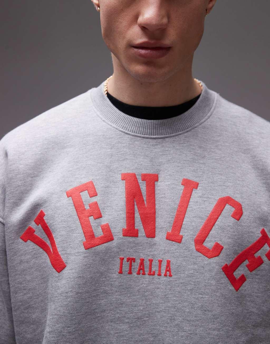 Topman oversized fit sweatshirt with Venice textured print in gray heather Product Image