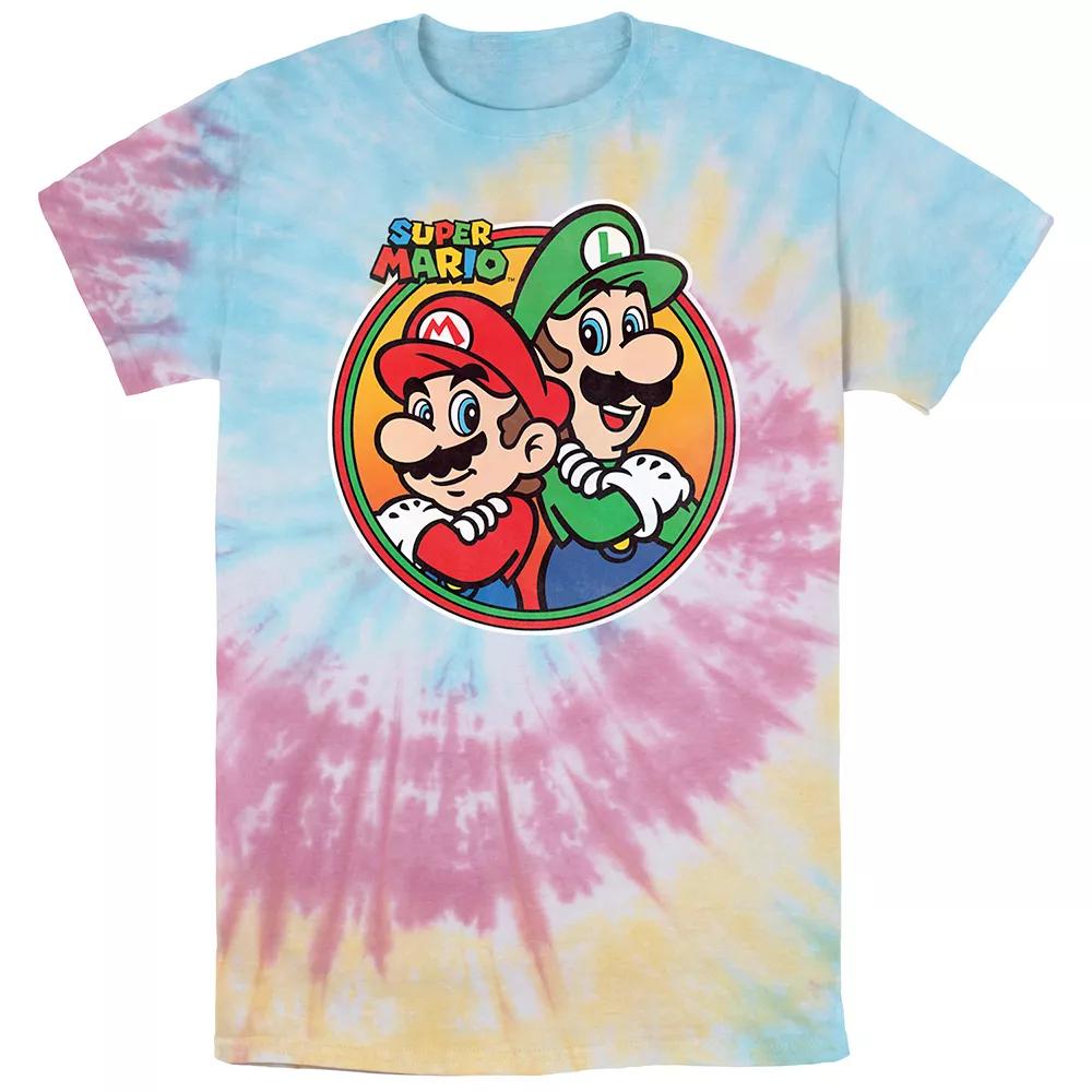 Men's Nintendo Super Mario And Luigi Badge Tie Dye Graphic Tee, Size: Small, Blue Pink Light Yellow Product Image