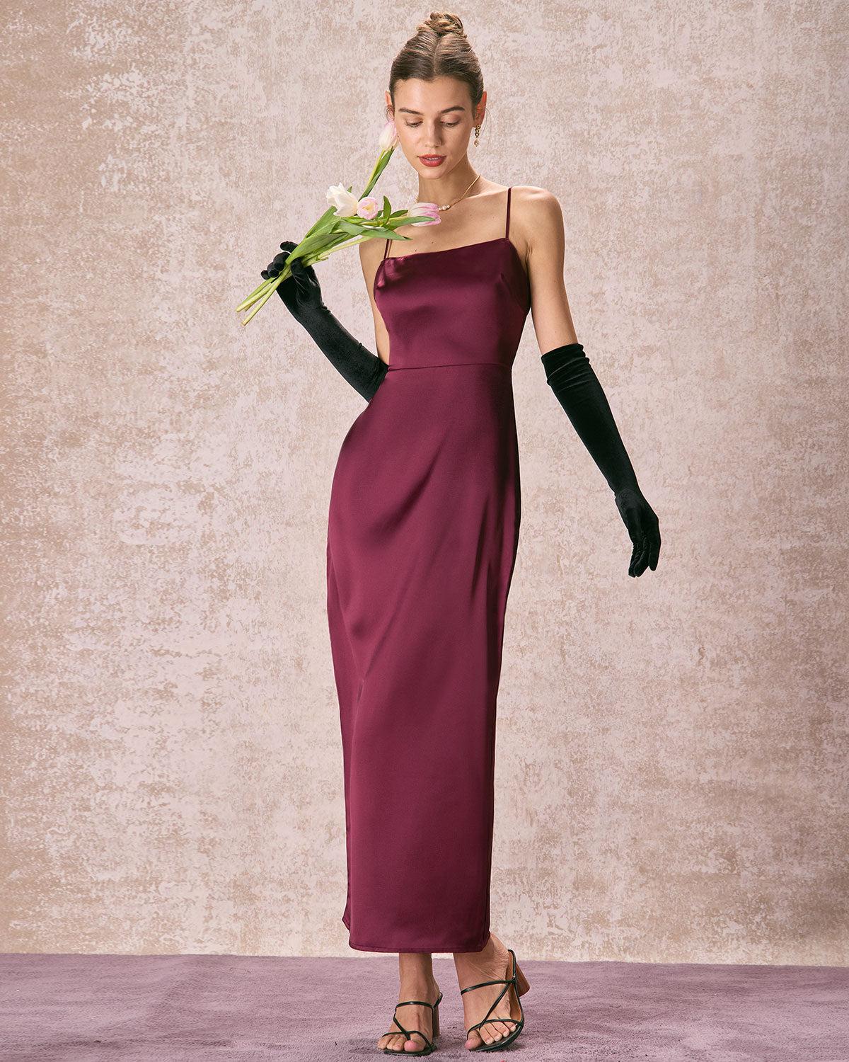 The Red Back Slit Satin Sling Maxi Dress Female Product Image
