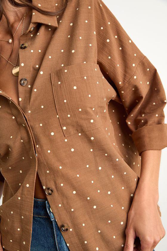 Amelia Dawn Brown Polka Dot Long Sleeve Button-Up Top Product Image