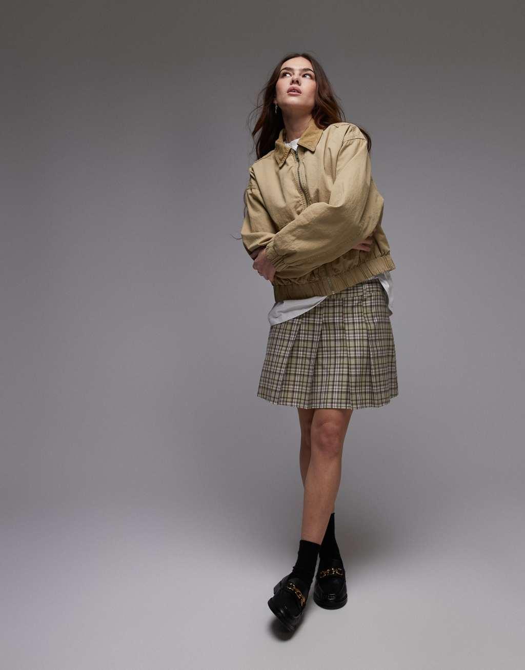 Topshop box pleat mini skirt in green check Product Image