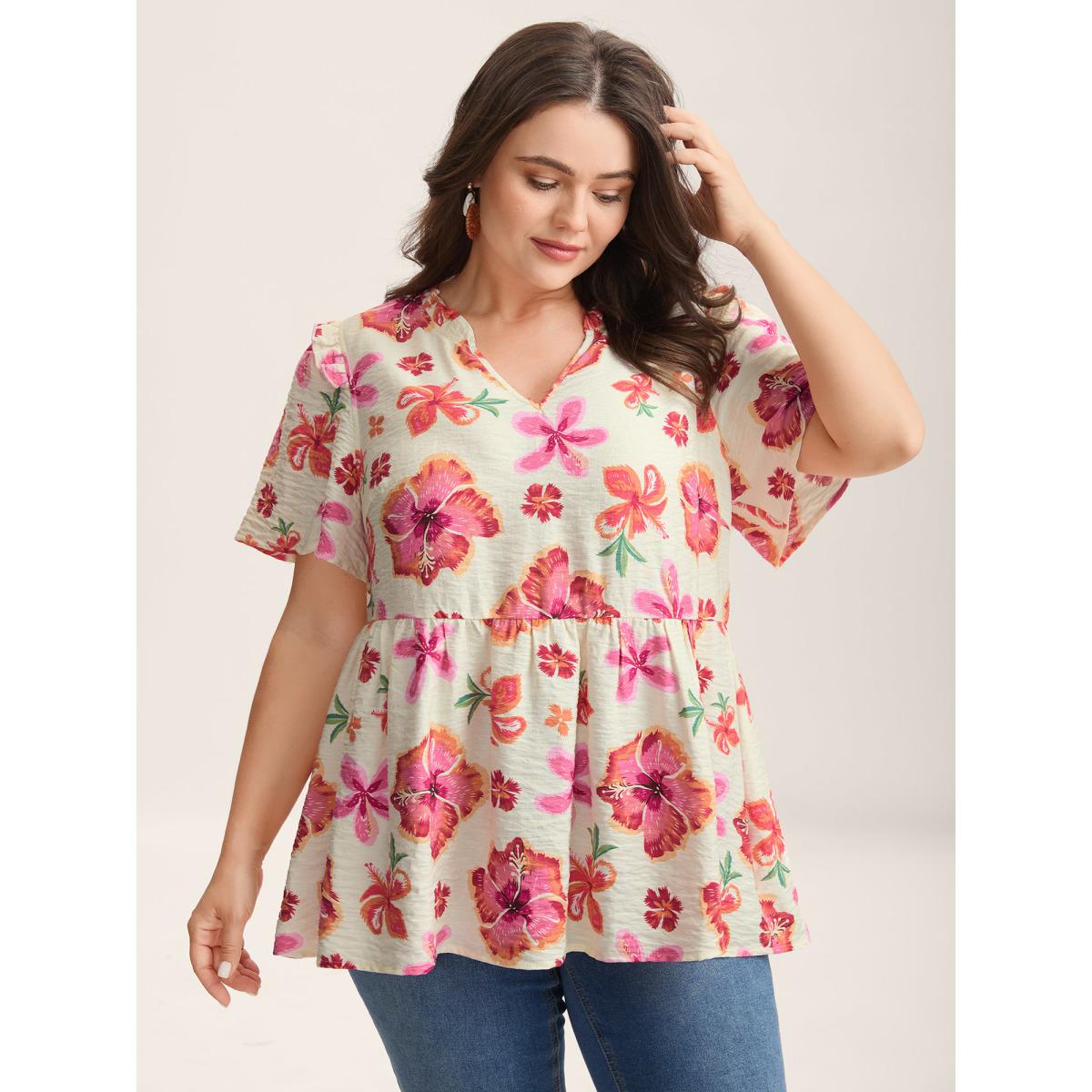 Plus Size Multicolor Large Floral Print Notched Collar Blouse Women Short sleeve Notched collar Vacation Blouses BloomChic 18-20/2X Product Image