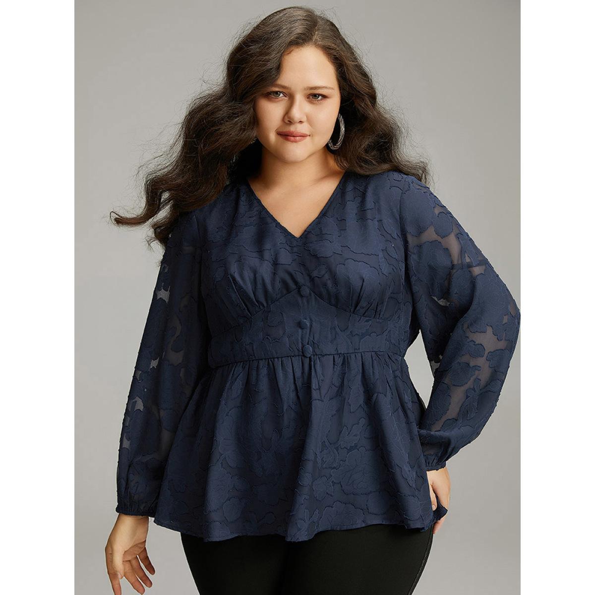 Plus Size Indigo Floral Mesh Elastic Waist Button Detail Blouse Women Glamour Long Sleeve V-neck Going out Blouses BloomChic 26/4X Product Image