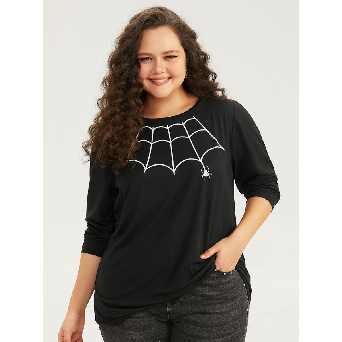 Plus Size Halloween Spider Web Print Round Neck T-shirt Black Women Casual Printed Halloween Round Neck Festival-Halloween T-shirts BloomChic 18-20/2X Product Image