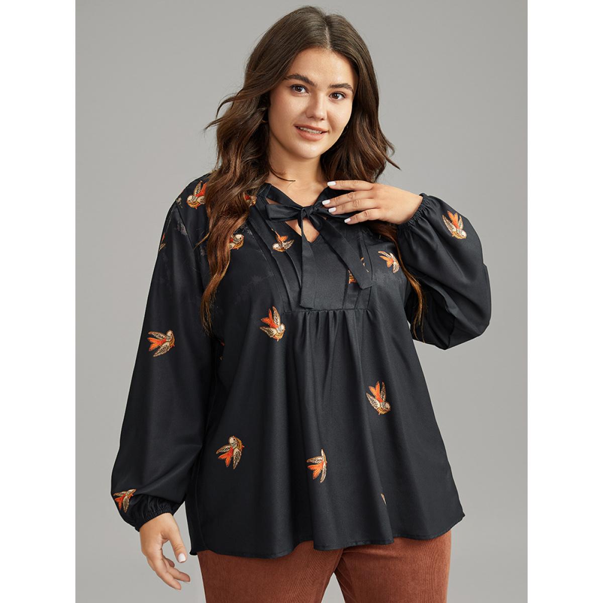 Plus Size Black Boho Print Ties Lantern Sleeve Blouse Women Elegant Long Sleeve Tie Neck Dailywear Blouses BloomChic 28/5X Product Image