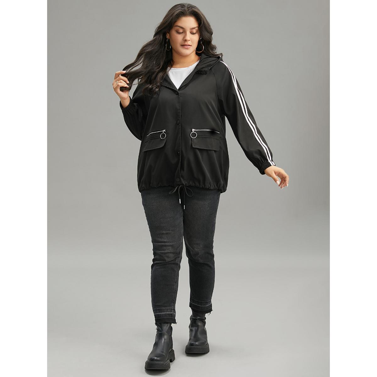 Plus Size Halloween Contrast Trim Zipper Drawstring Button Up Coat Women Black Casual Elastic cuffs Ladies Dailywear Winter Coats BloomChic 14-16/1X Product Image