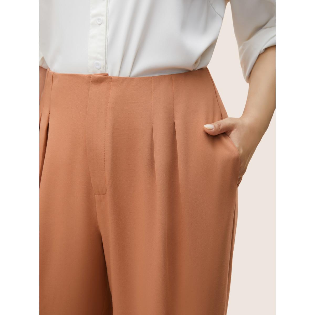 Plus Size Plain Zipper Fly Pleated Wide Leg Pants Women Coral Casual Wide Leg High Rise Everyday Pants BloomChic 30/6X Product Image