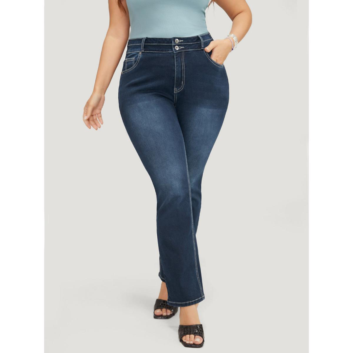 Plus Size Very Stretchy High Rise Dark Wash Contrast Stitching Jeans Women DarkBlue Casual Plain High stretch Pocket Jeans BloomChic 10/M Product Image