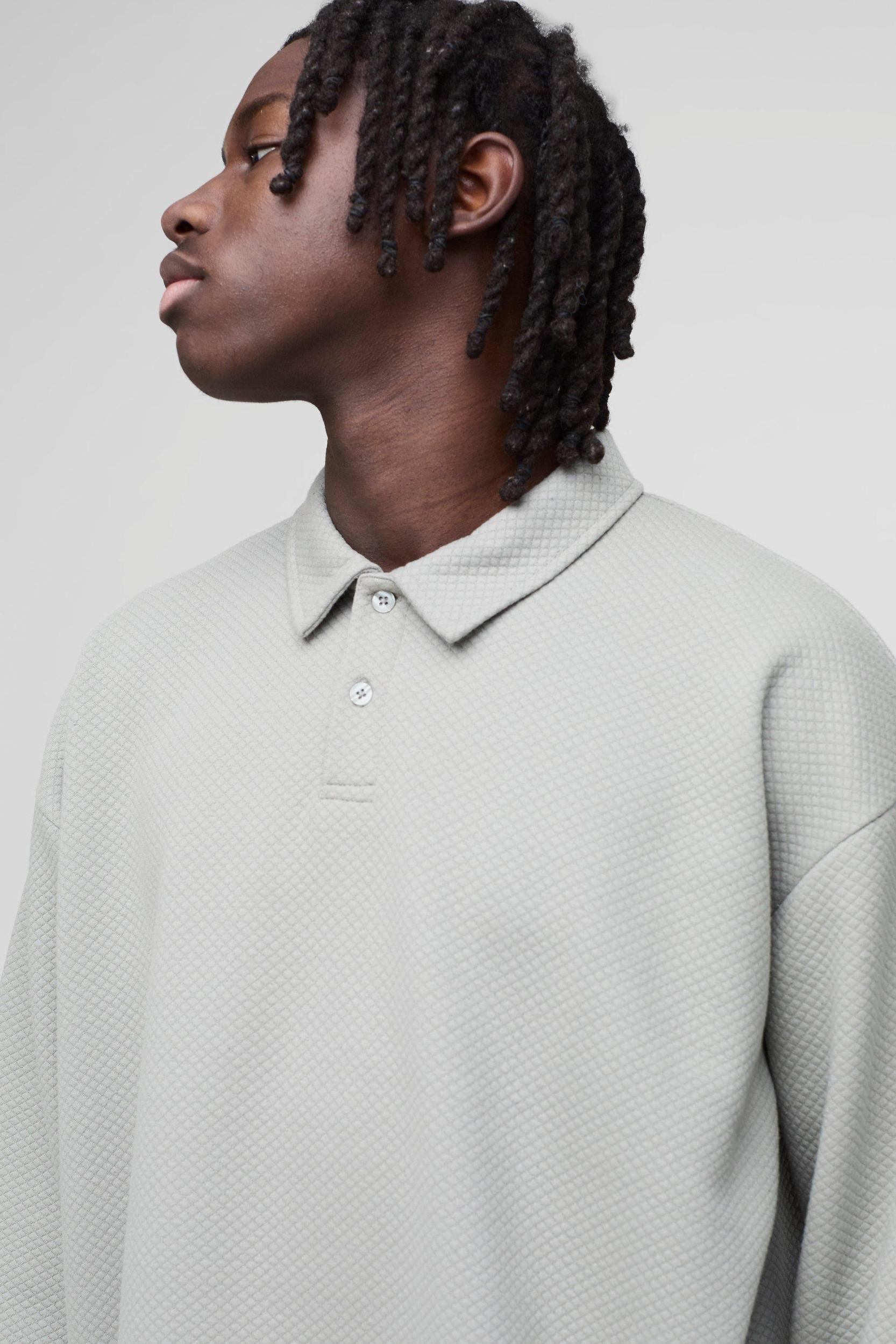 Oversized Waffle Jacquard Long Sleeve Polo | boohooMAN USA Product Image