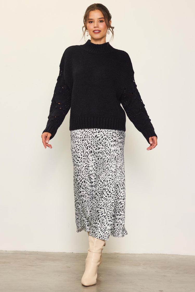 Crochet Sleeve Sweater - black Product Image