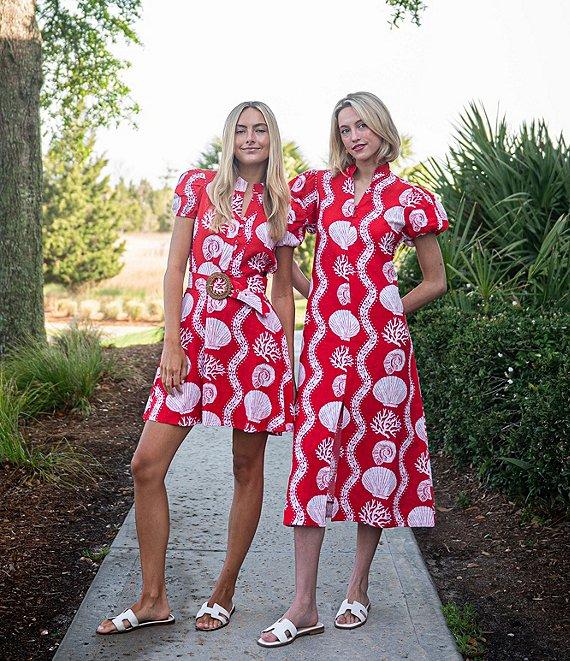 SAIL to SABLE Sea Stripe Print Mandarin Collar Short Puff Sleeve Midi Dress Product Image