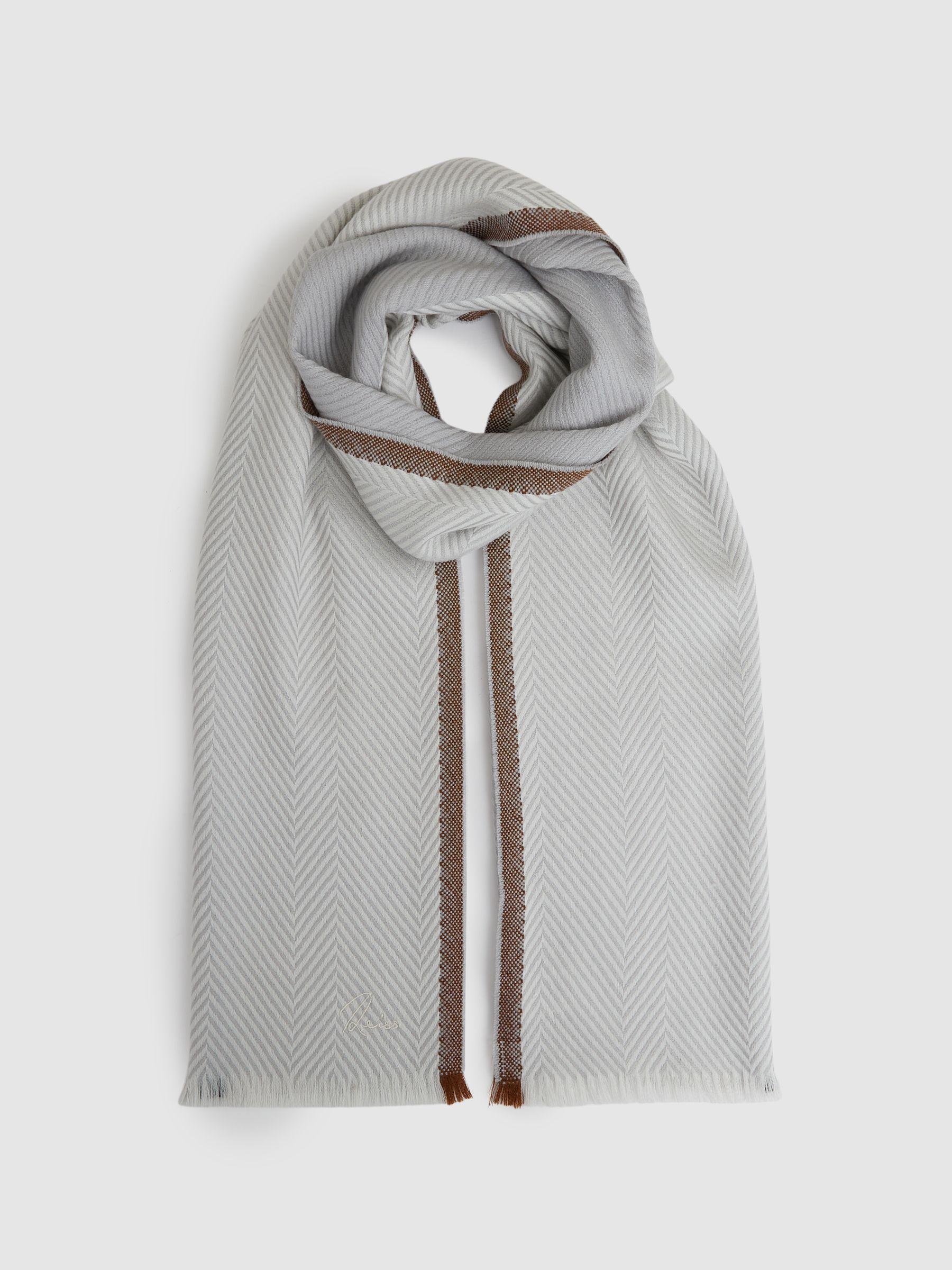Logo-Embroidered Wool-Herringbone Scarf in Grey Product Image