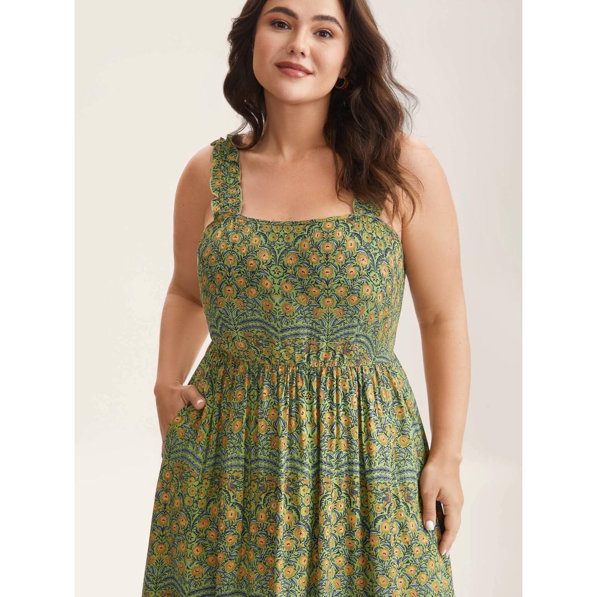 Plus Size Rayon Floral Print High Waisted Midi Dress Olive Women Square Neck Sleeveless Curvy BloomChic 18-20/2X Product Image