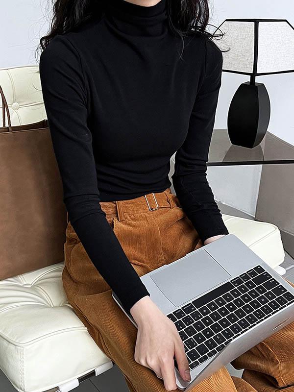 Long Sleeves Skinny Solid Color Split-Joint High Neck T-Shirts Product Image