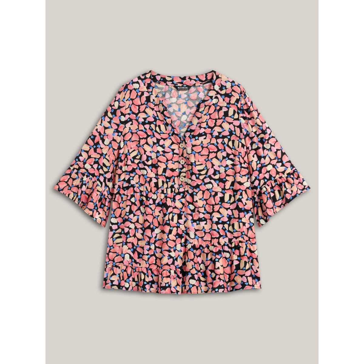 Plus Size Black Floral Notched Collar Button Detail Blouse Women Elbow-length sleeve Flat collar with V-notch Everyday-Casual Blouses BloomChic 26/4X Product Image