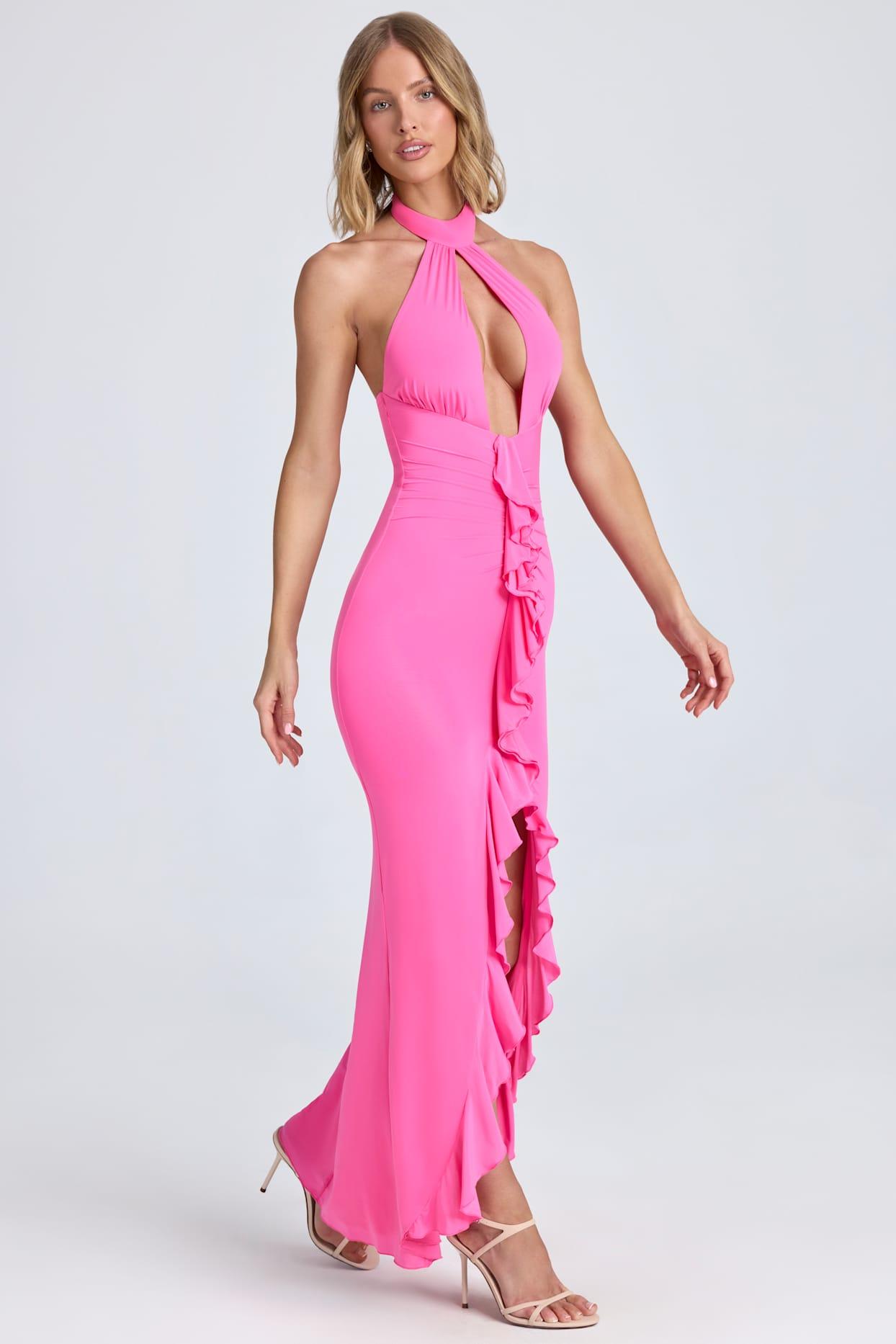 Ruffle-Trim Halterneck Gown in Lollipop Pink Product Image