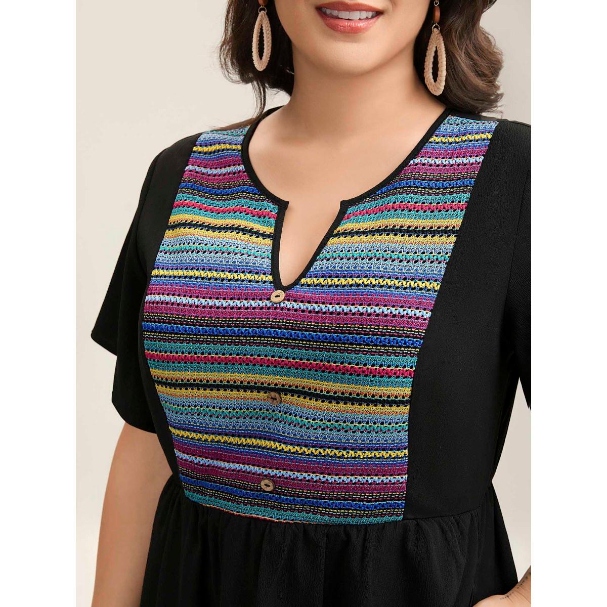 Plus Size Colorful Stripes Textured Pockets Midi Dress Black Women Flat collar with V-notch Short sleeve Curvy BloomChic 18-20/2X Product Image