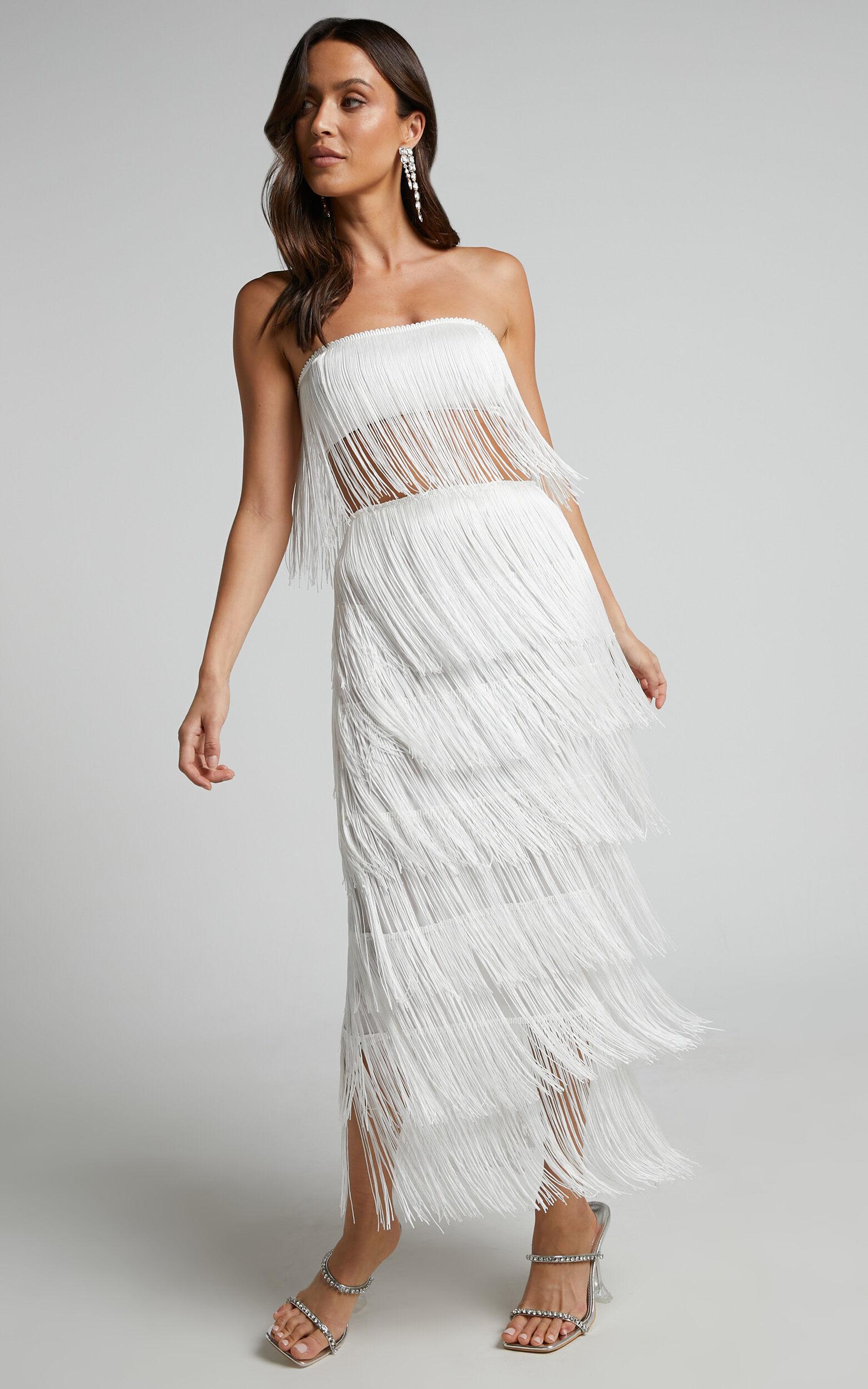 Amalee Two Piece Set - Fringe Strapless Crop Top and Midi Skirt Set in White Product Image