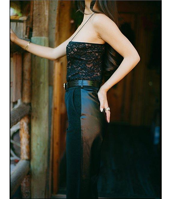 Gianni Bini x Sydney Silverman The Mickey Faux Patent Leather And Faux Suede Belted High Rise Straight Leg Pants Product Image