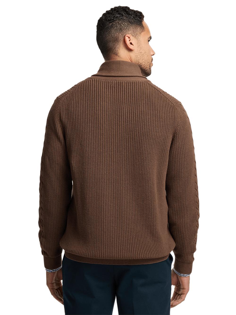 Cotton Cable Button Front Shawl Collar Cardigan - Brown Product Image