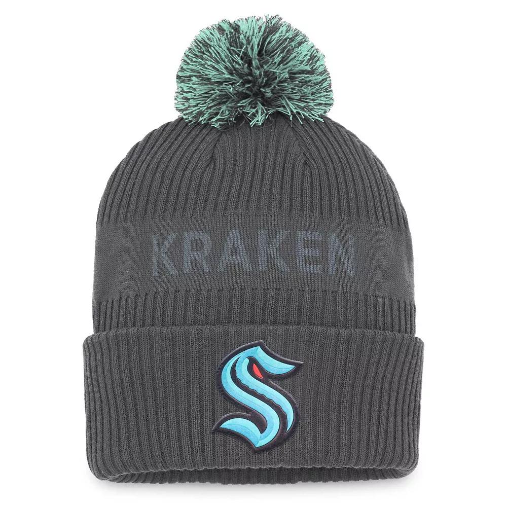Men's Fanatics Branded Charcoal Seattle Kraken Authentic Pro Home Ice Cuffed Knit Hat with Pom, Krk Charco Product Image