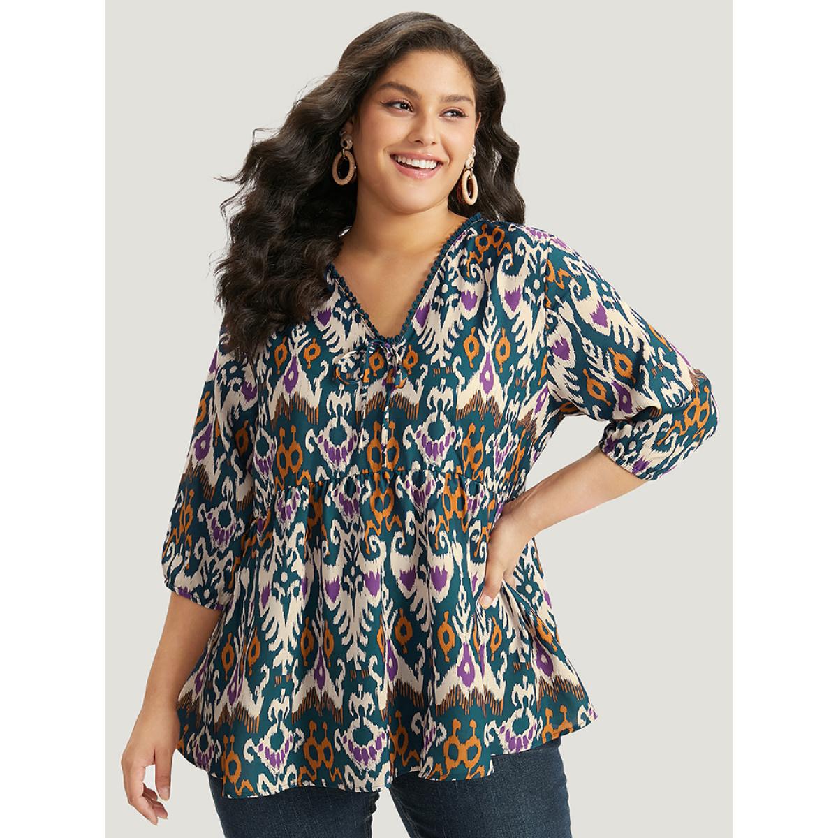 Plus Size Cyan Bandana Print Ties Pompom Trim Blouse Women Vacation Elbow-length sleeve V-neck Dailywear Blouses BloomChic 18-20/2X Product Image