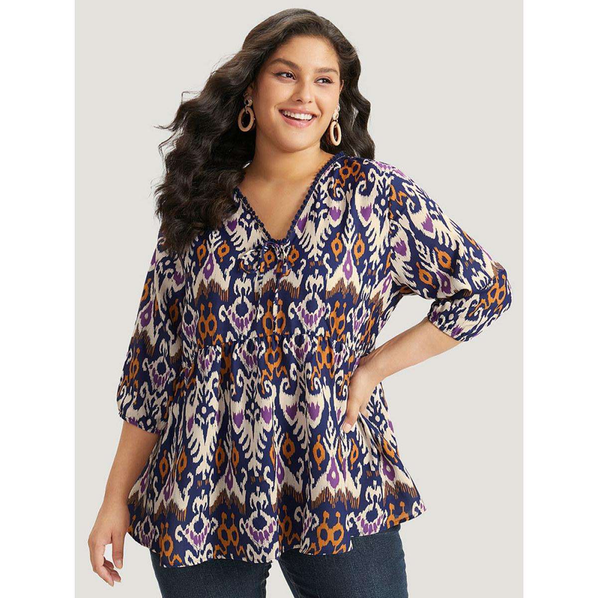 Plus Size Blue Bandana Print Ties Pompom Trim Blouse Women Vacation Elbow-length sleeve V-neck Dailywear Blouses BloomChic 14-16/1X Product Image