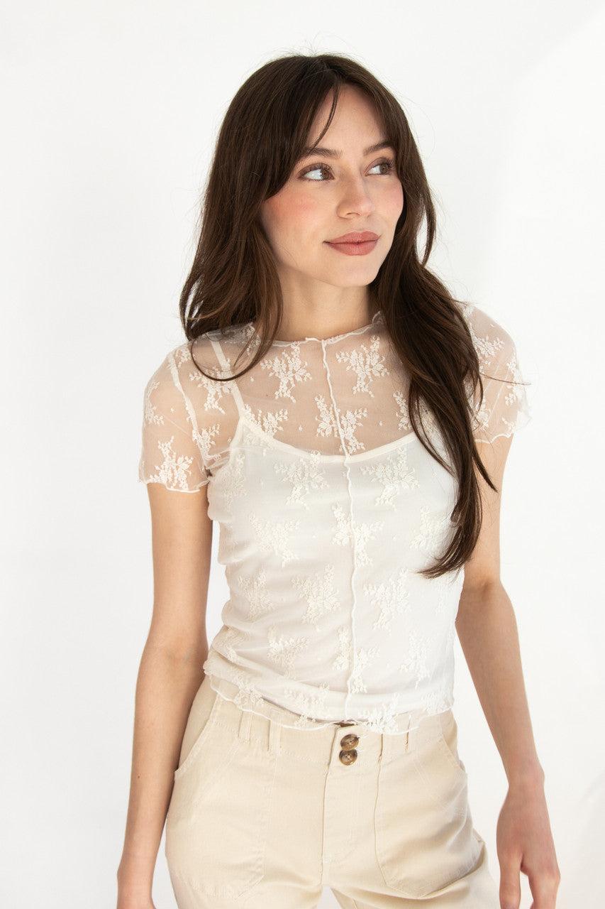 Floral Lace Mesh Tee With Cami Product Image