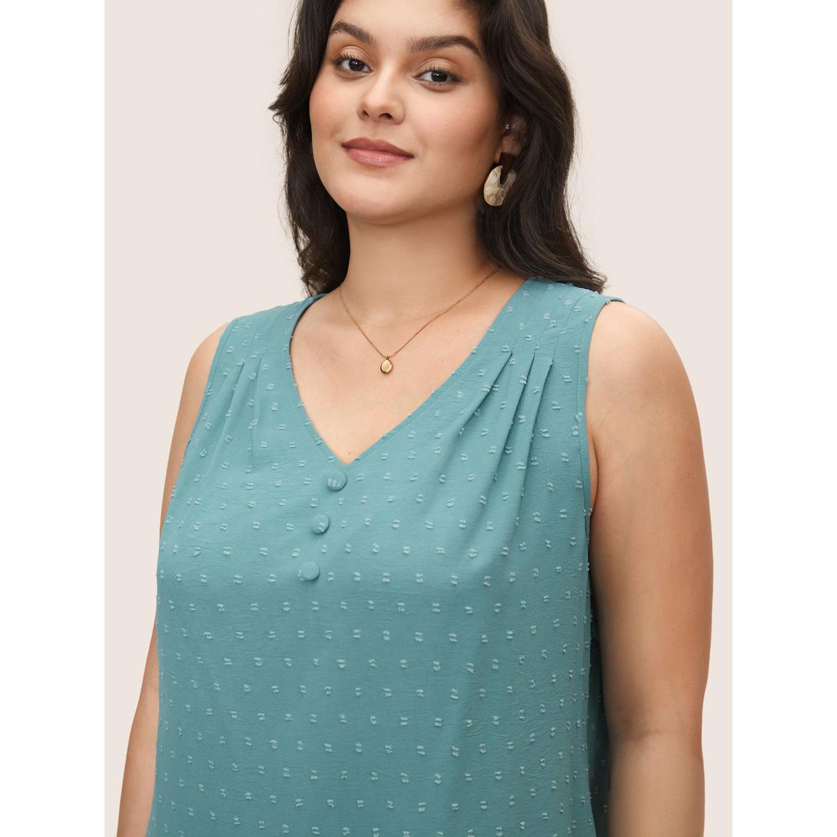Plus Size Jacquard Pleated Button Detail Tank Top Women Teal Casual Texture V-neck Everyday Tank Tops Camis BloomChic 10/M Product Image