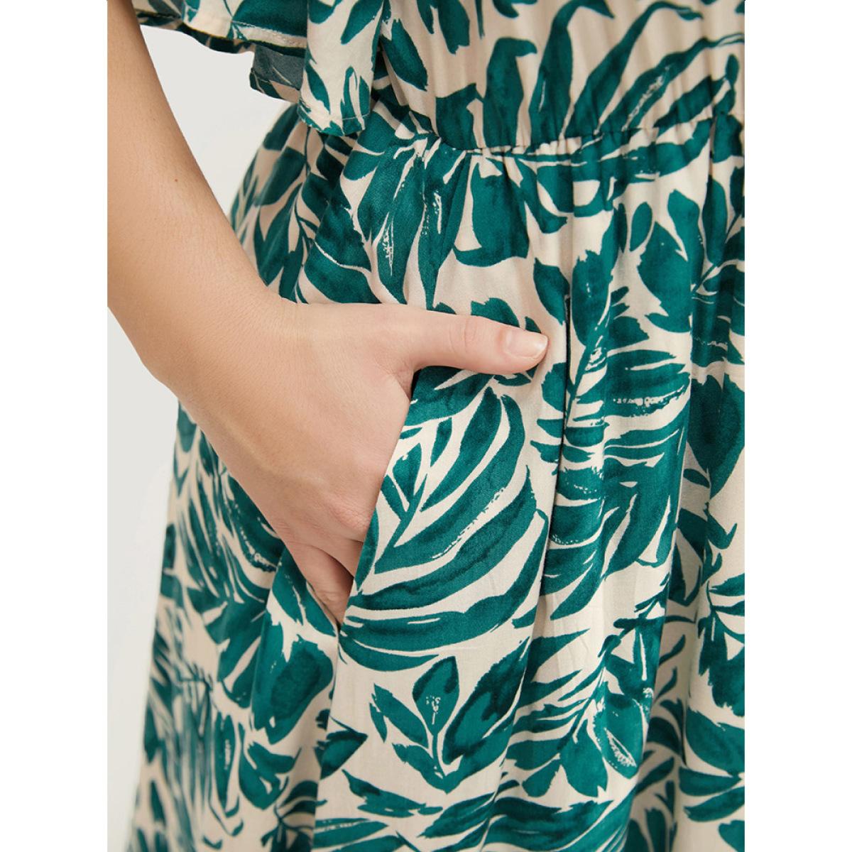 Plus Size Plant Print Flutter Sleeve Button Detail Pocket Dress Green Women Vacation Elastic Waist V-neck Short sleeve Curvy Midi Dress BloomChic 12/L Product Image